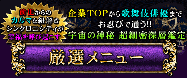 前世からのカルマを紐解きシンクロニティが幸福を呼び起こす　企業TOPから歌舞伎俳優までお忍びで通う!!　宇宙の神秘 超細密深層鑑定　厳選メニュー