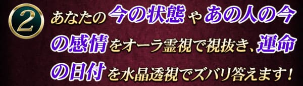 あなたの今の状態やあの人の今の感情をオーラ霊視で視抜き、運命の日付を水晶透視でズバリ答えます！