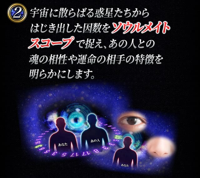 宇宙に散らばる惑星たちからはじき出した因数をソウルメイトスコープで捉え、あの人との魂の相性や運命の相手の特徴を明きらかにします。