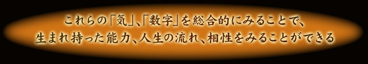 これらの「気」、「数字」を総合的にみることで、生まれ持った能力、人生の流れ、相性をみることができる