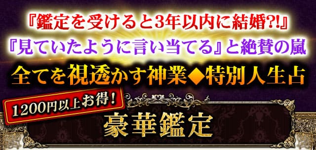『鑑定を受けると3年以内に結婚?!』　『見ていたように言い当てる』と絶賛の嵐　全てを視透かす神業◆特別人生占　1200円以上お得！豪華鑑定