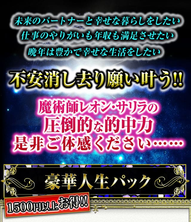 未来のパートナーと幸せな暮らしをしたい　仕事のやりがいも年収も満足させたい　晩年は豊かで幸せな生活をしたい　不安消し去り願い叶う!!　魔術師レオン・サリラの圧倒的な的中力　是非ご体感ください……　豪華人生パック　1500円以上お得!!
