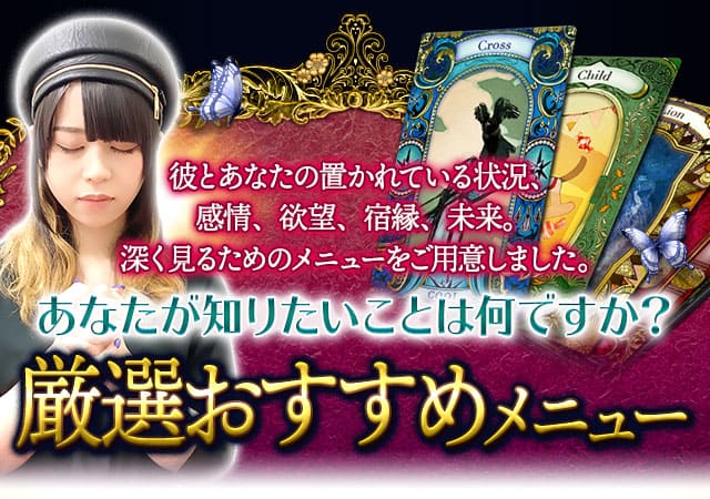 彼とあなたの置かれている状況、感情、欲望、宿縁、未来。これらを深く見るためのメニューをご用意しました。あなたが知りたいことは何ですか？厳選おすすめメニュー